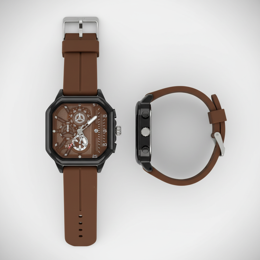 Brown multi-dial wristwatch shown from the front and side