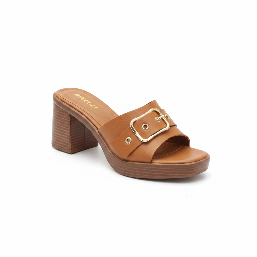 Women's Tan Camel Block Heel Buckle Mule - Ghost Mannequin