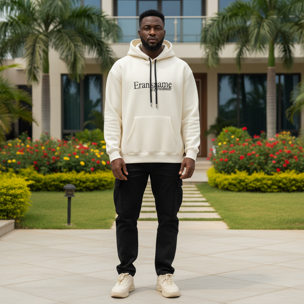 Cream ribbed script hoodie front view on Nigerian male model