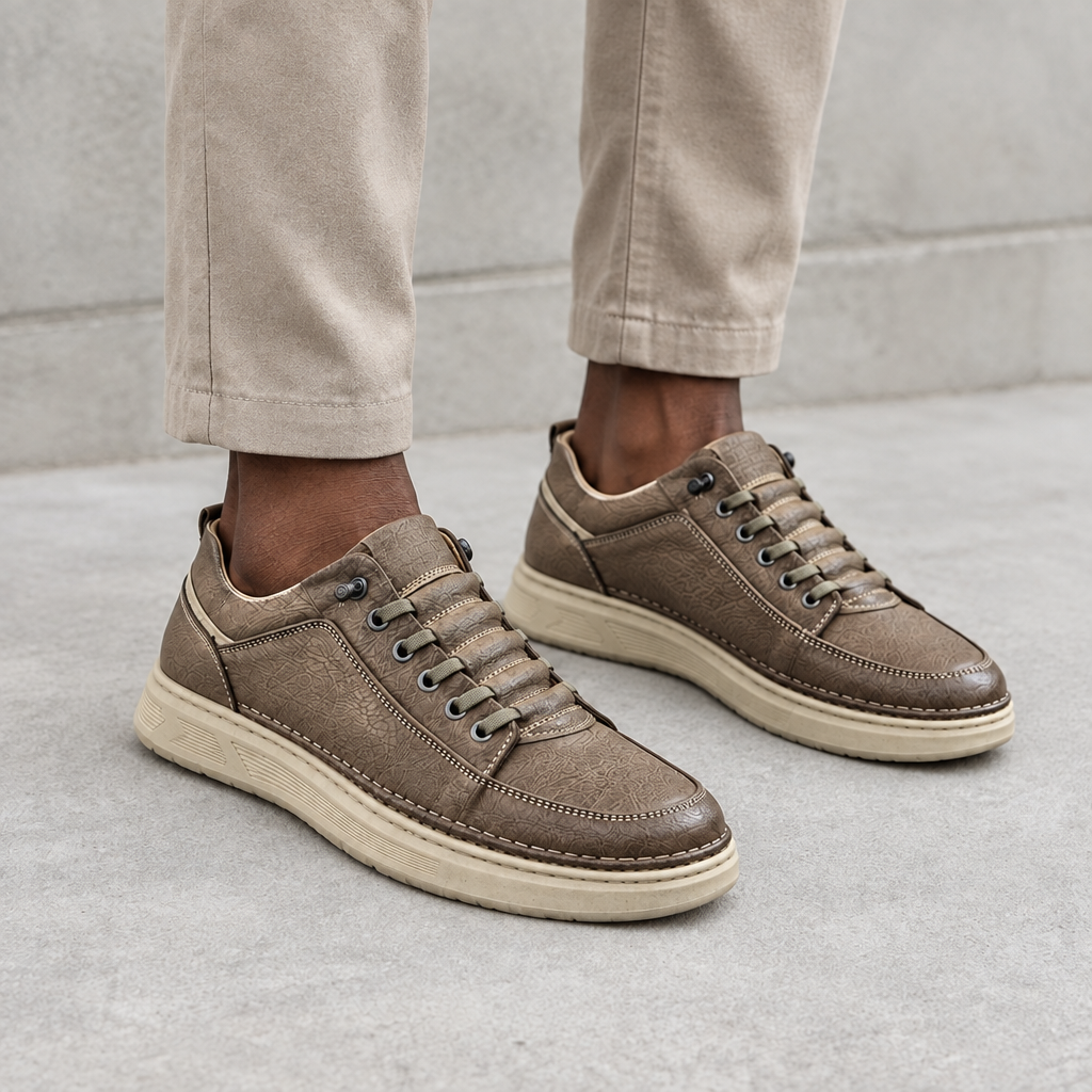 Taupe textured lace-up sneakers worn on both feet