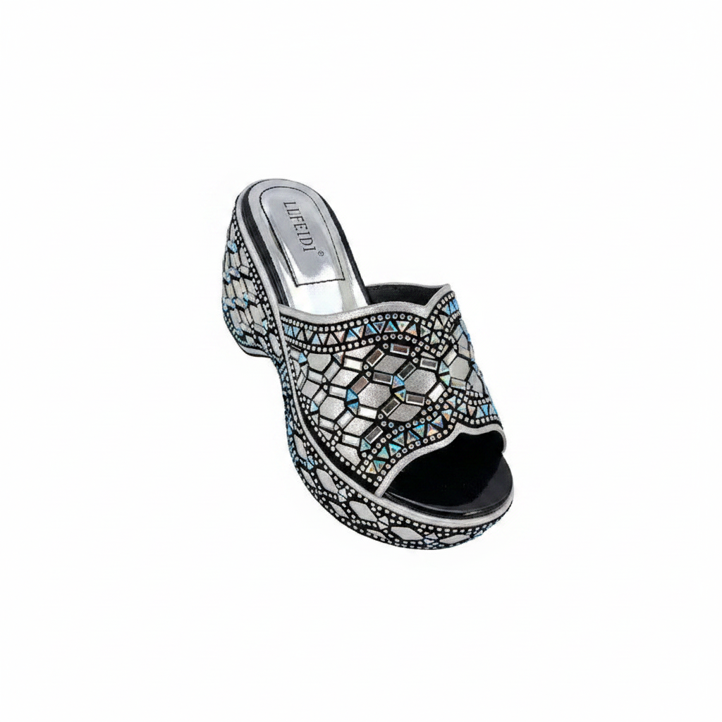 Women's silver rhinestone mosaic platform wedge mule ghost mannequin view