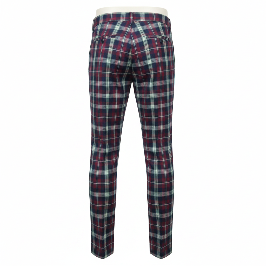 Burgundy Navy Mint Tartan Trousers – Back Ghost Mannequin
