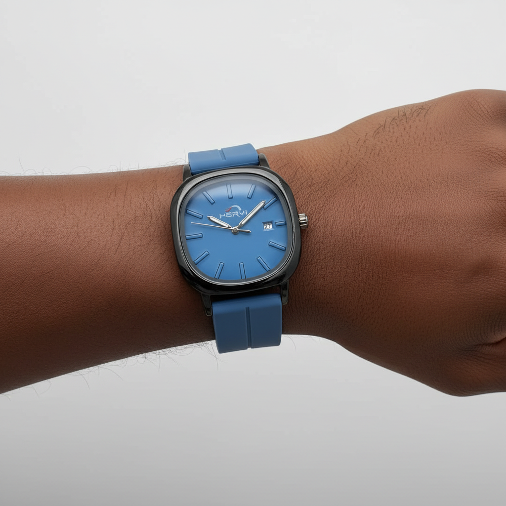 Blue minimalist wristwatch worn on a Black man's wrist
