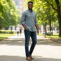 Nigerian male model wearing Forest Green Navy Blue and Brown Multi-Colour Plaid Check Long-Sleeve Button-Down Shirt