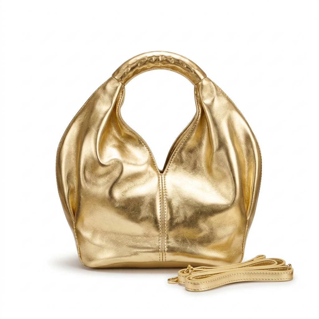 Metallic-gold rounded handbag without label with curved handle and matching strap on white