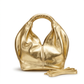 Metallic-gold rounded handbag without label with curved handle and matching strap on white