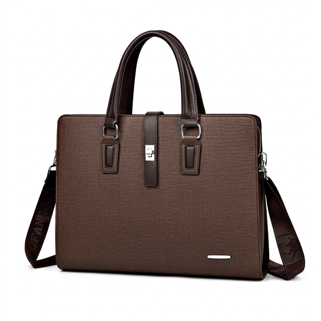 Structured brown twin-handle bag with silver-tone clasp on white