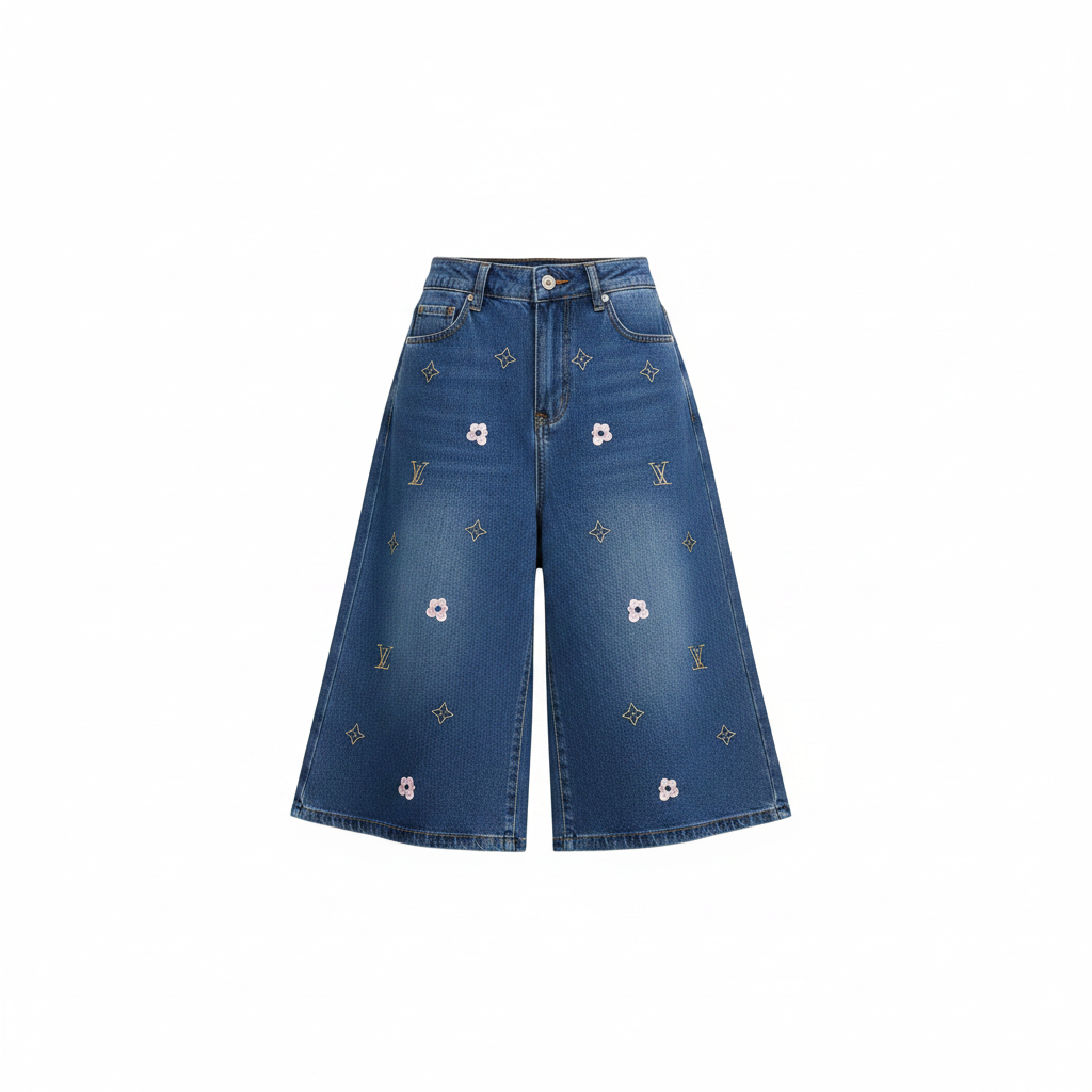 Ghost mannequin of blue monogram wide-leg denim shorts