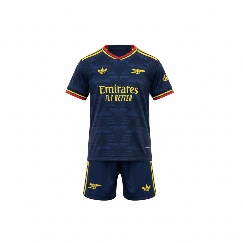 Kids' navy blue & yellow football jersey set – ghost mannequin front view on white background
