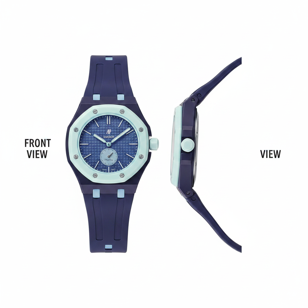 Unisex navy blue octagonal pop watch with light blue bezel and small seconds subdial, front and side view