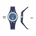 Unisex navy blue octagonal pop watch with light blue bezel and small seconds subdial, front and side view