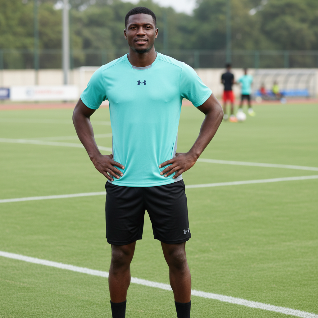 Black Nigerian male model wearing turquoise premium sport jersey on football pitch sideline