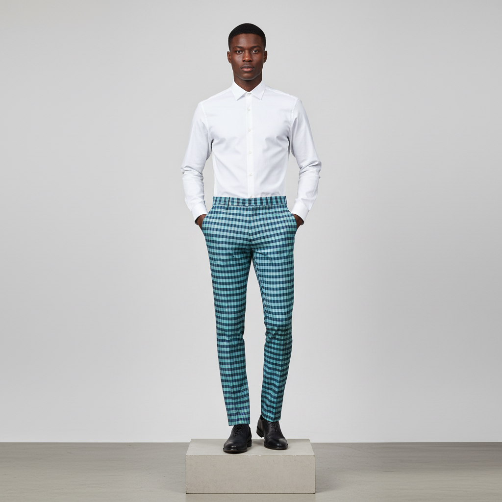 Mint Green Navy Gingham Trousers – Front Model