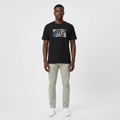 Model wearing the black bubble letter graphic t-shirt
