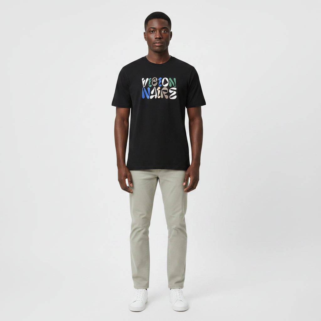 Model wearing the black bubble letter graphic t-shirt
