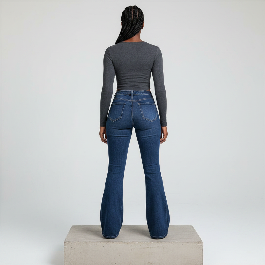 Dark Blue Cross-Waistband Flare Jeans – Back Model