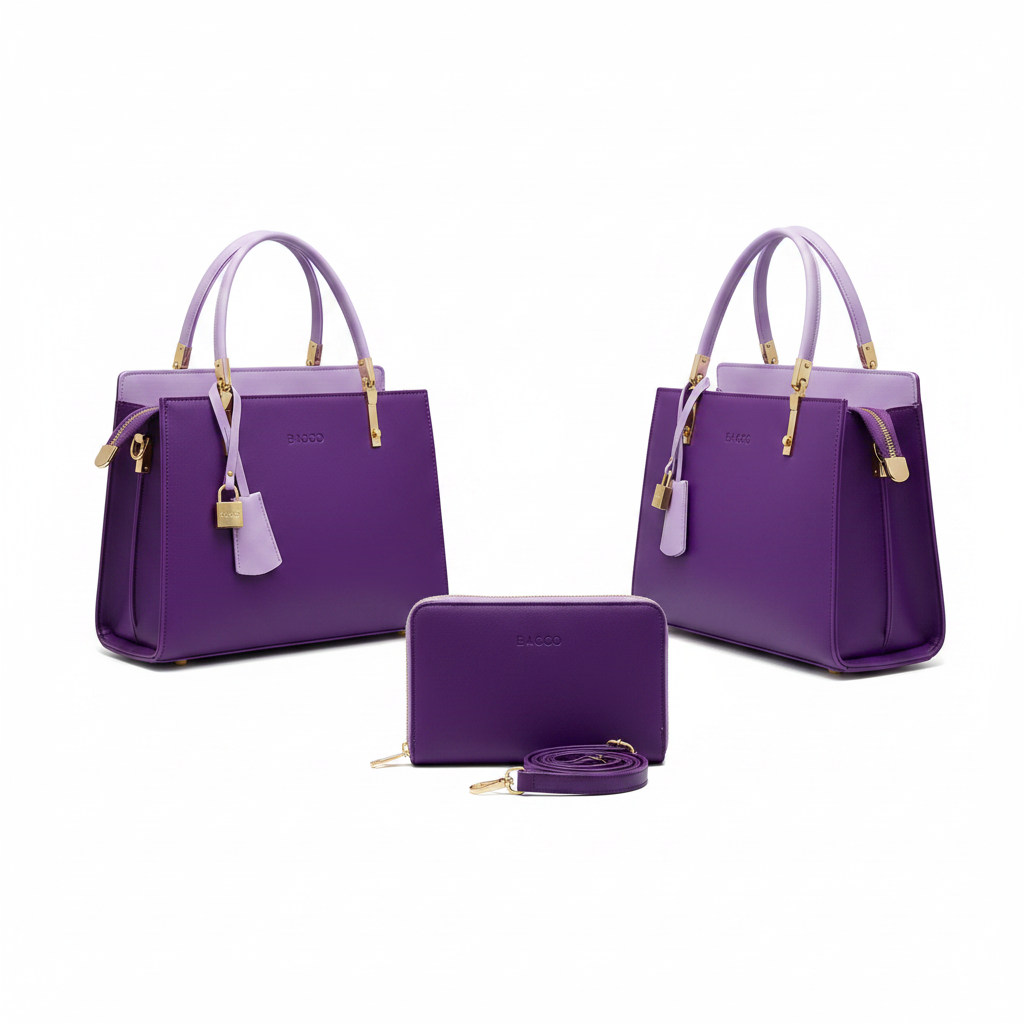 Purple two-tone structured handbag ghost mannequin front and side view with matching mini purse and crossbody strap