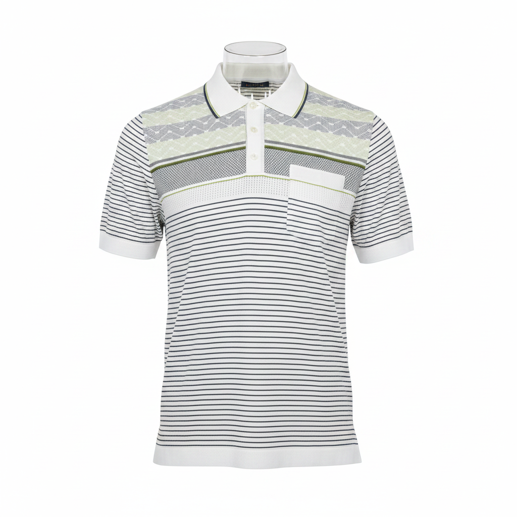 White Multi-Texture Chevron Yoke Polo Shirt - Ghost Mannequin