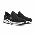 Men's all-black knit laceless slip-on running sneakers with white sole pair product shot