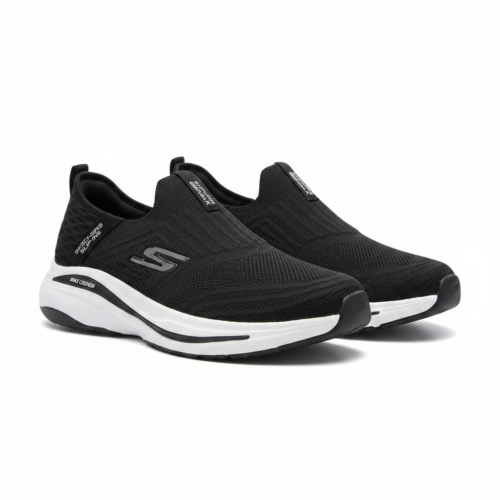 Men's all-black knit laceless slip-on running sneakers with white sole pair product shot