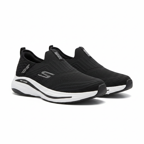 Men's all-black knit laceless slip-on running sneakers with white sole pair product shot