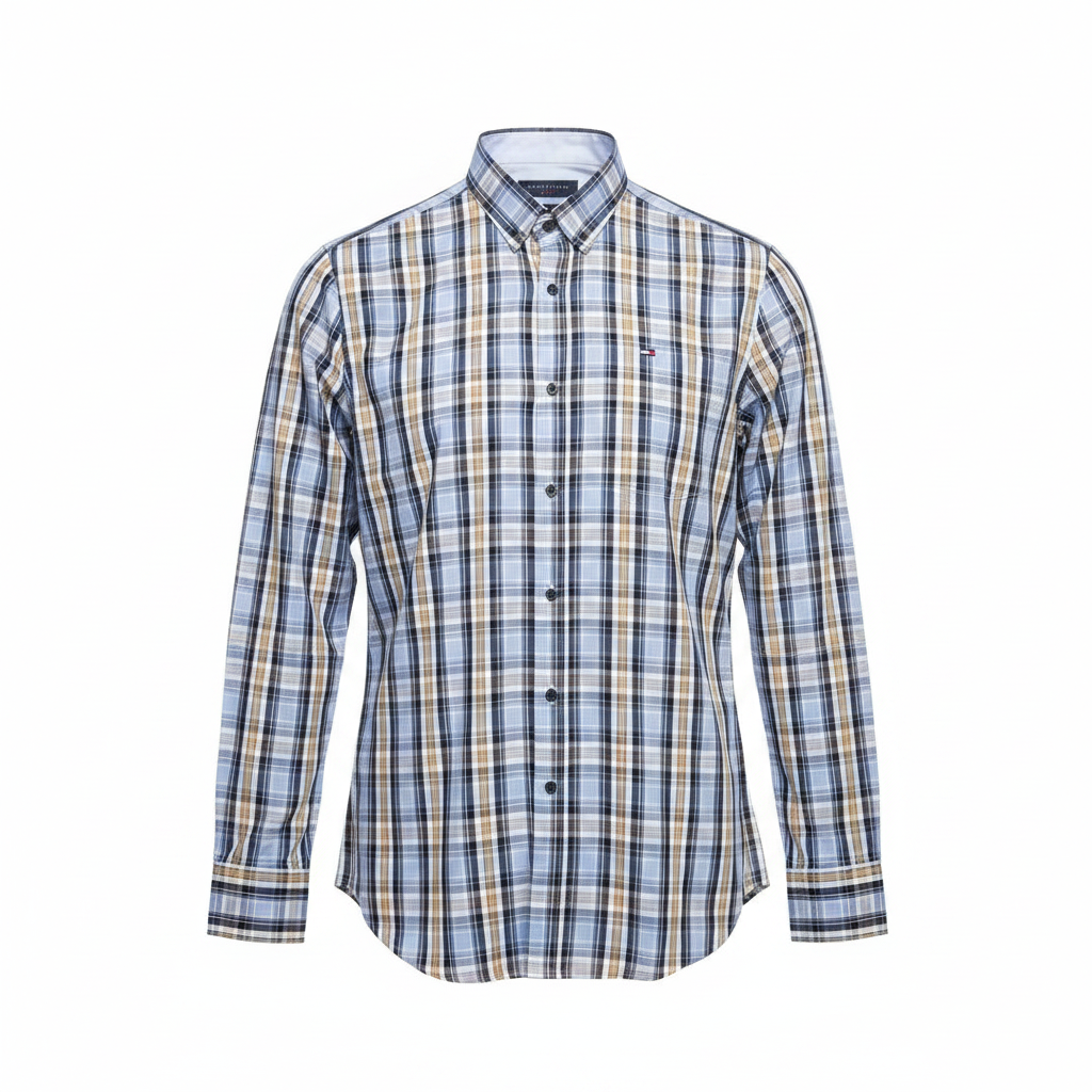 Blue Navy Tan Plaid Long-Sleeved Shirt - Ghost Mannequin
