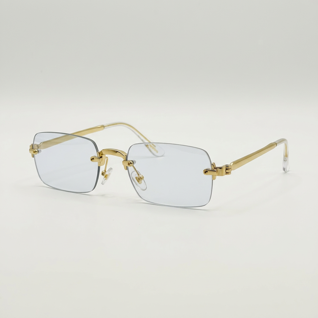 AI-edited gold-tone rimless rectangular fashion eyeglasses with lightly tinted lenses