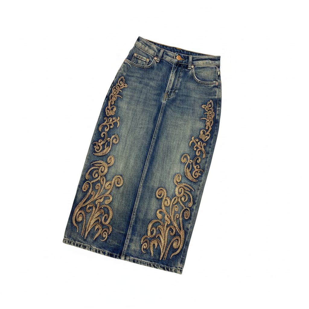 Ghost Mannequin – Gold Embroidered Denim Midi Skirt