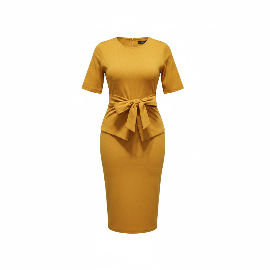 Women's Mustard Yellow Bow-Waist Short-Sleeve Midi Dress – Ghost Mannequin Front View