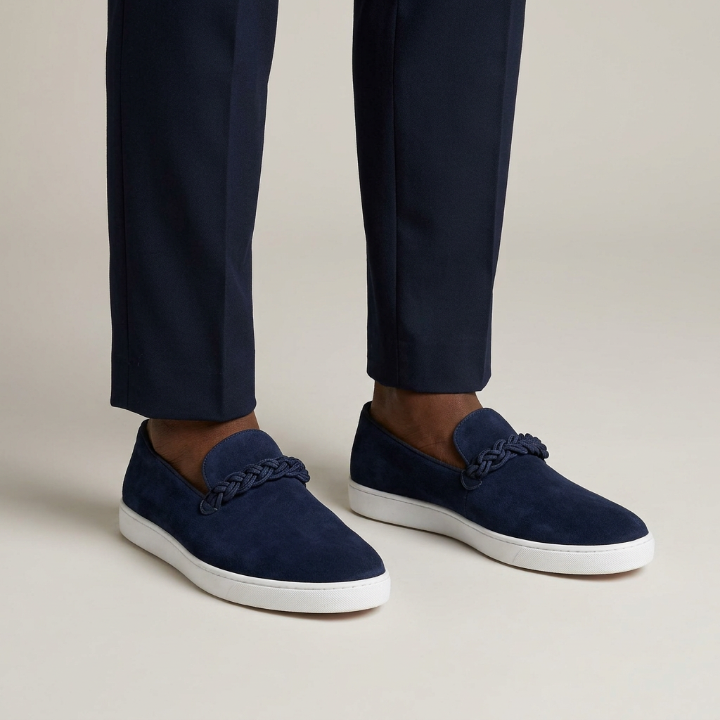 Both feet wearing navy chain slip-ons on plain studio background