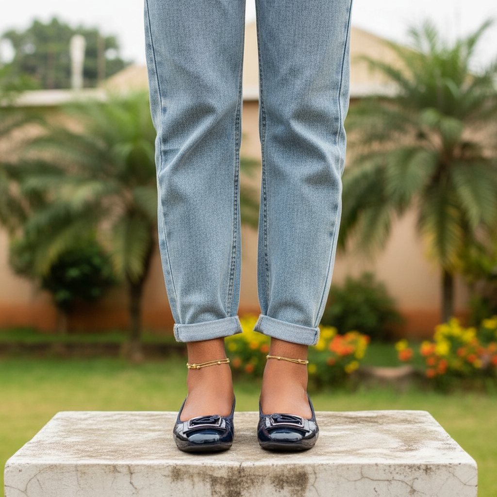 Women's navy blue croc-embossed flat pumps – Nigerian female model leg shot