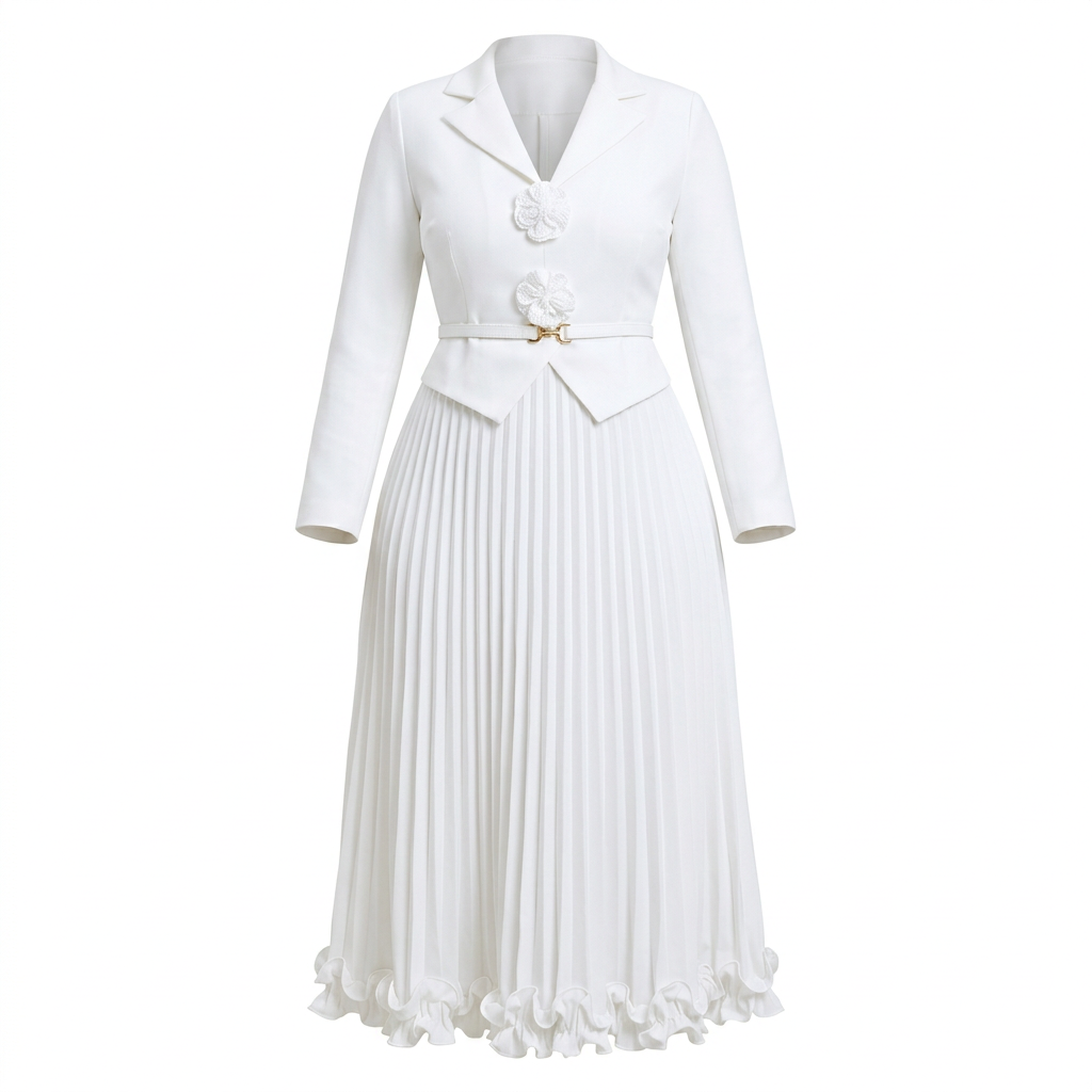 White long-sleeve pleated midi gown with ruffled hem on an invisible mannequin