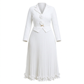 White long-sleeve pleated midi gown with ruffled hem on an invisible mannequin