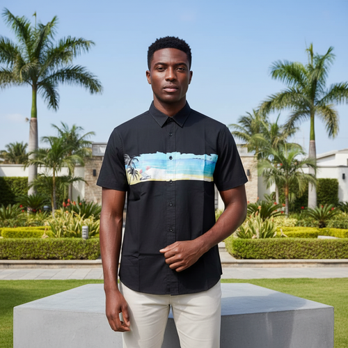 Black Tropical Print Short-Sleeved Shirt - Model Front