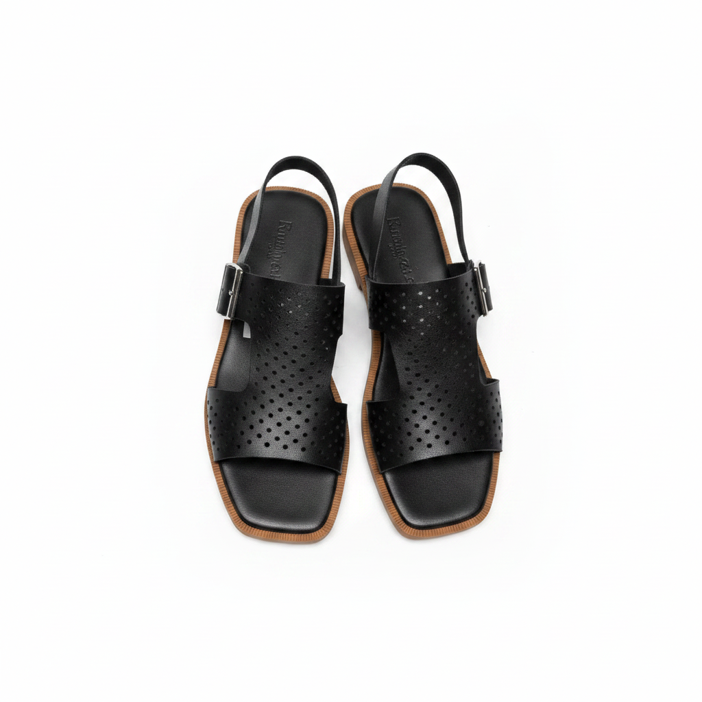 Ghost mannequin pair view of black leather perforated buckle flat slingback sandals
