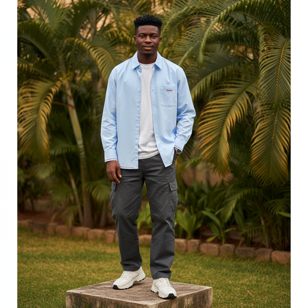 Nigerian male model wearing men's light blue embroidered logo chevron hem long-sleeve shirt streetwear style