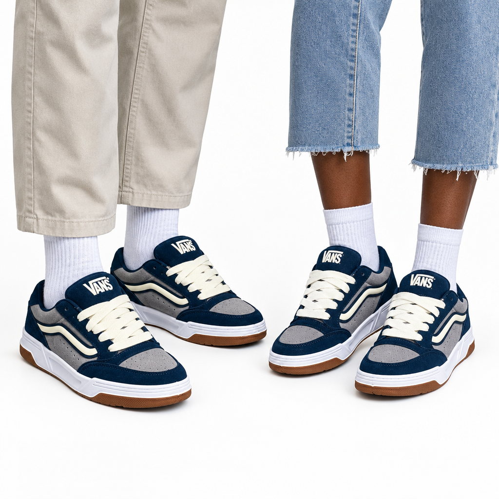 Man and woman wearing navy-grey unisex sneakers, both pairs visible