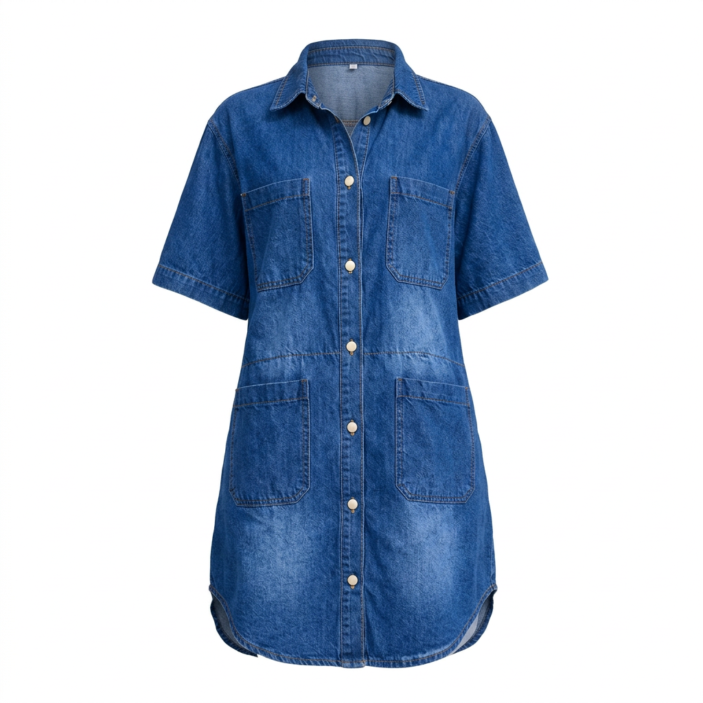 Blue short-sleeve denim shirt dress with four patch pockets on an invisible mannequin