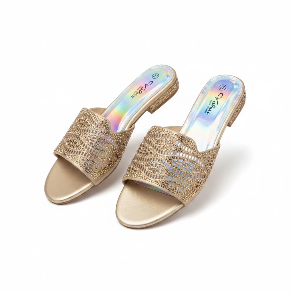 Women's Rhinestone Lattice-Cut Flat Slide Slipper - Gold Ghost Mannequin