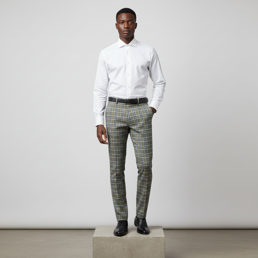 Olive Green Blue Plaid Trousers – Front Model