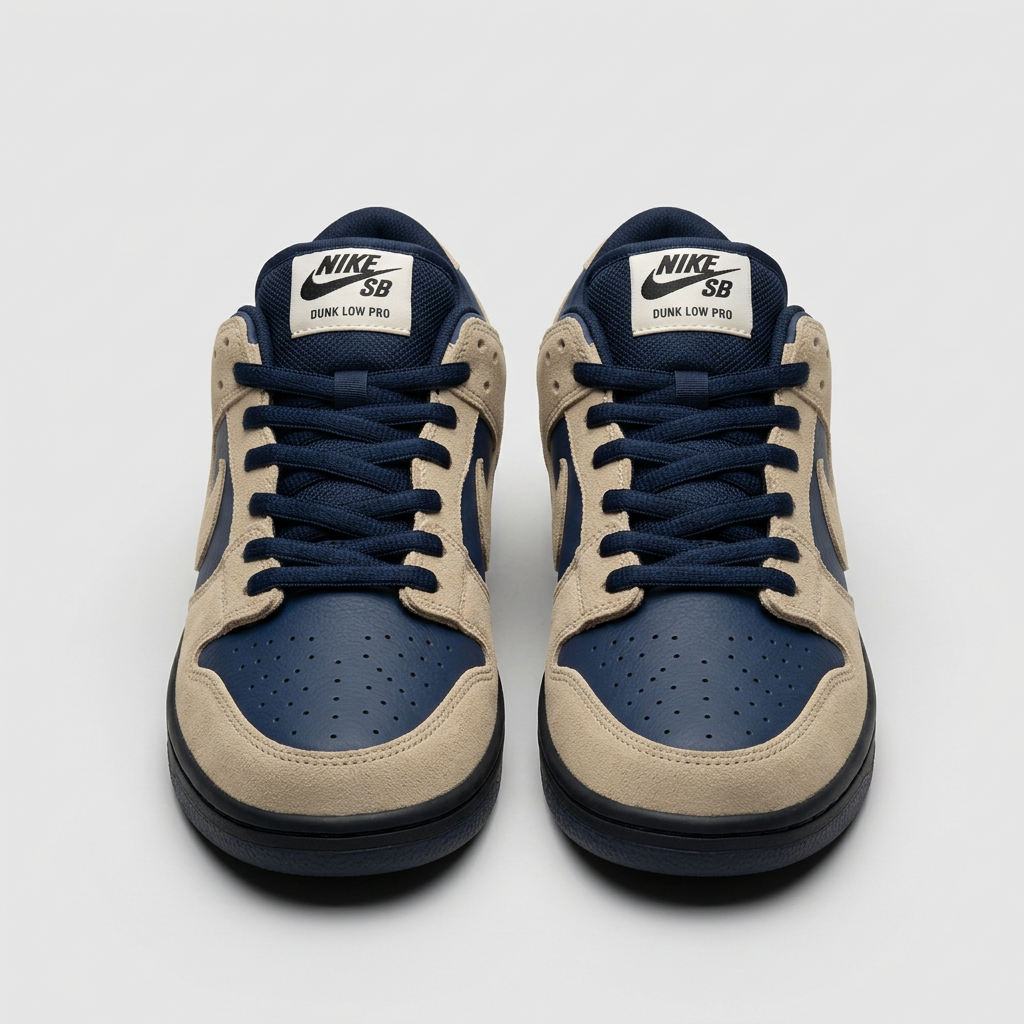 Navy and sand low-top sneakers, front view