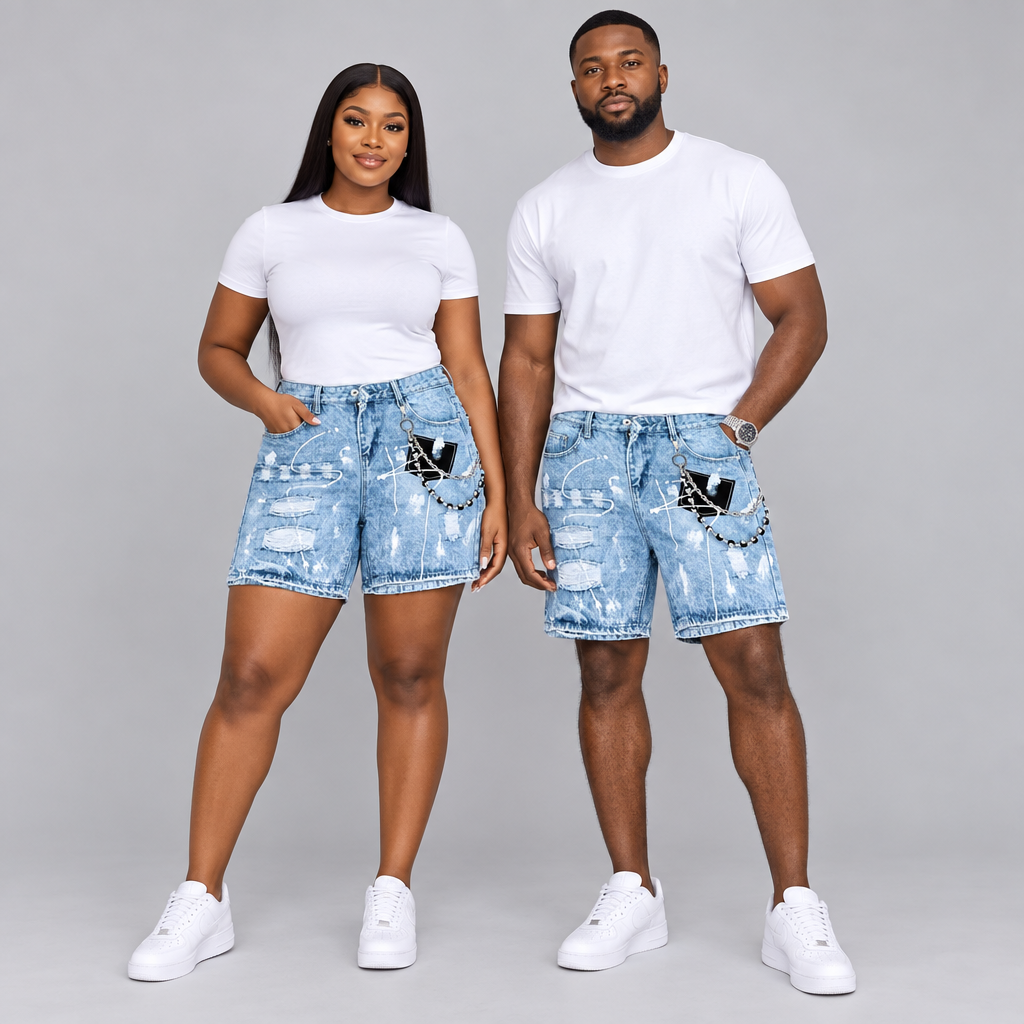 Black Nigerian woman and man together wearing pale-blue paint-detail denim shorts