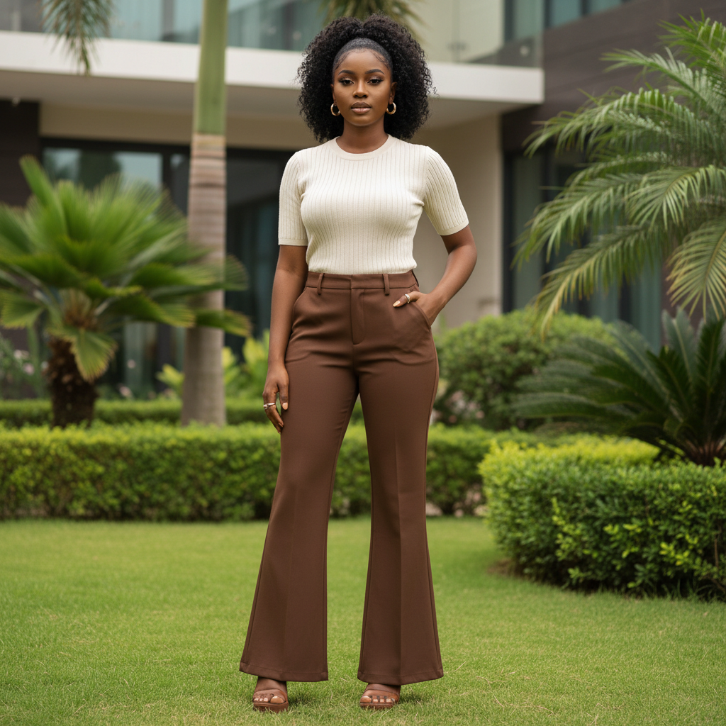 Women's Brown Wide-Leg Palazzo Trousers – Nigerian Female Model Shot