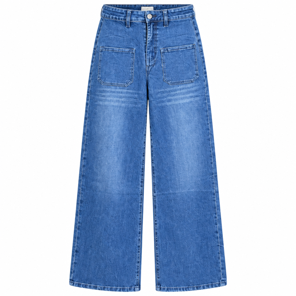 Washed blue wide-leg jeans with two front patch pockets on white