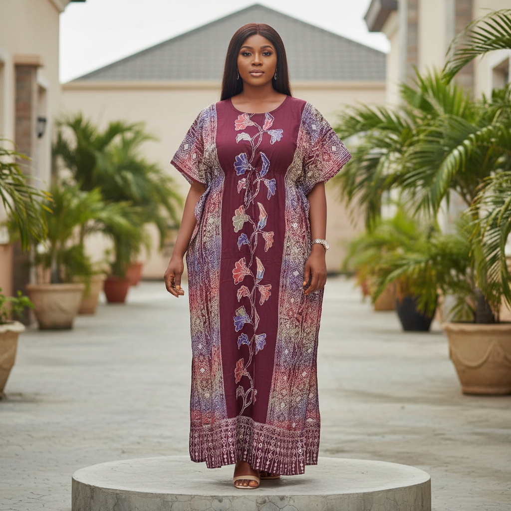 Nigerian woman wearing a maroon floral print bubu dress