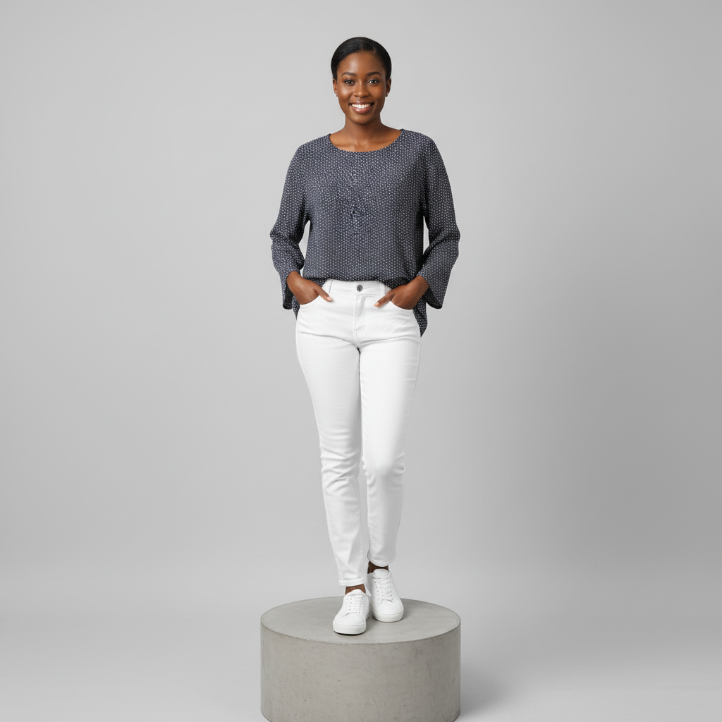 Nigerian female model wearing Navy Blue Floral Print Long Sleeve Top - front view
