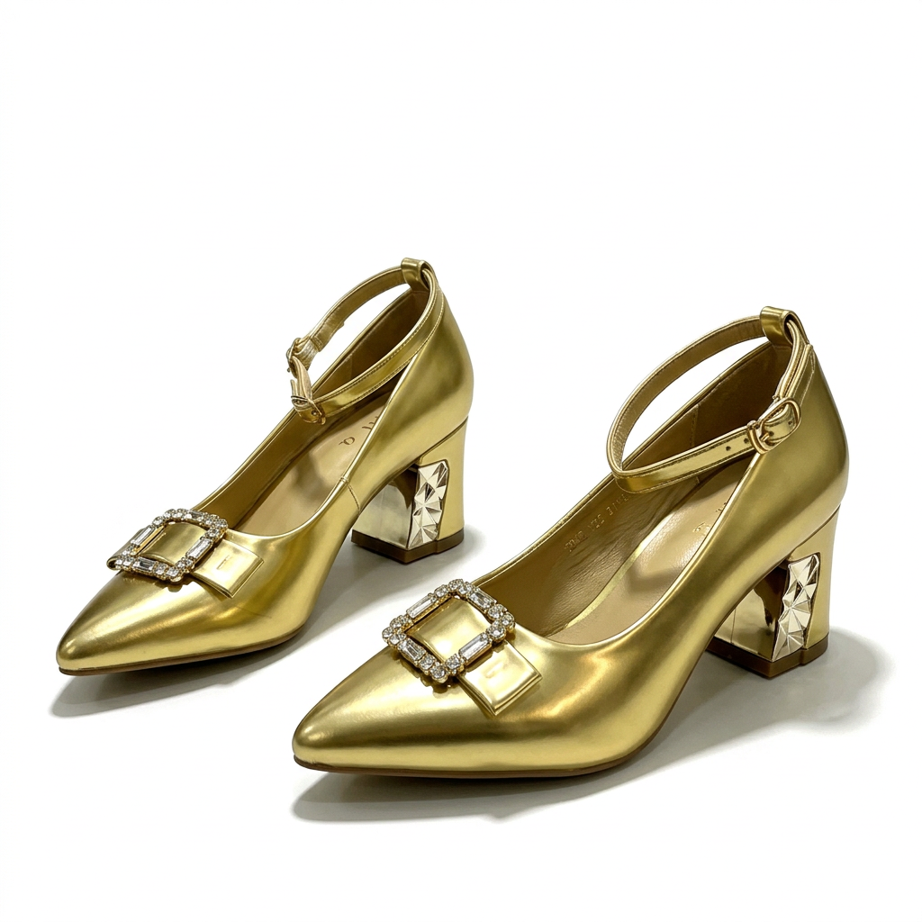 Complete pair of gold jeweled-buckle ankle-strap block heels
