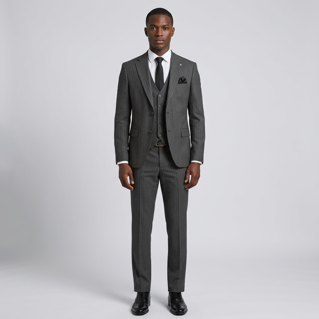 Full-body Black adult model wearing a charcoal grey striped three-piece suit