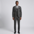 Full-body Black adult model wearing a charcoal grey striped three-piece suit