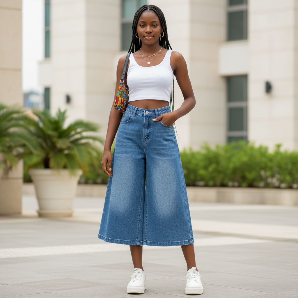 Nigerian teenage girl model wearing high-waist blue wash denim culottes